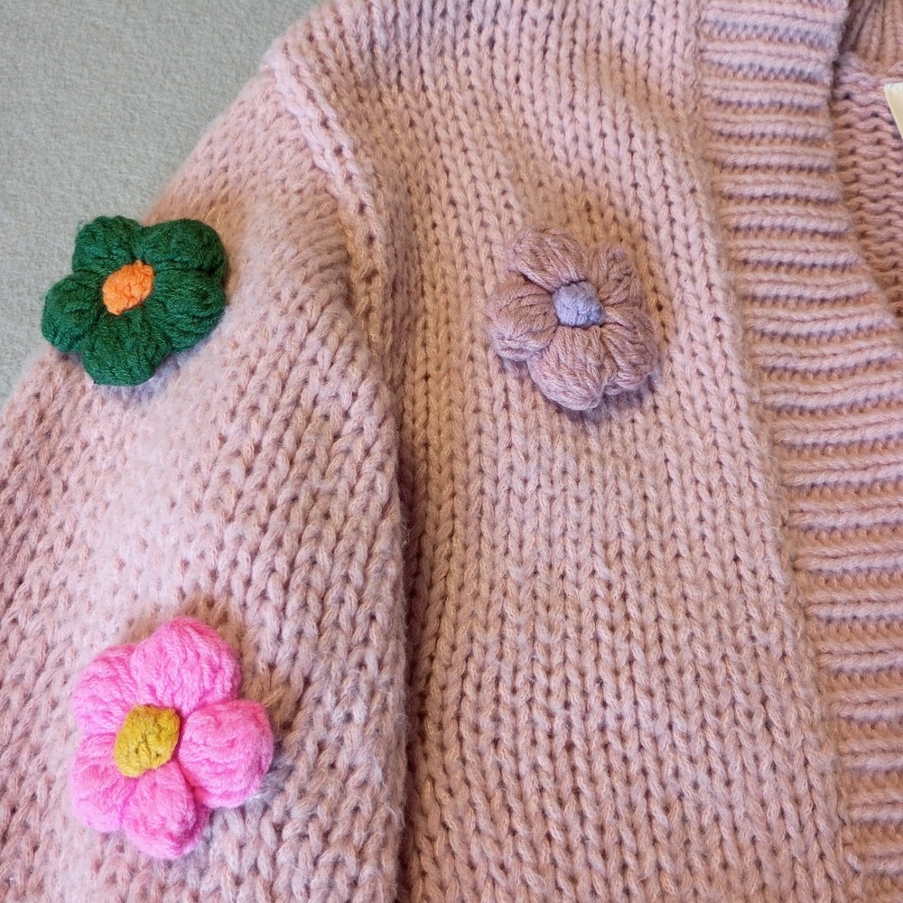 Maeve Anthropologie Chunky‎ 3D Flower Knit Cardigan O/S Pink Sweater Has Flaw - Picture 5 of 13